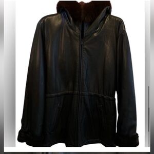 Andrew Marc Women's XL Black Leather Overcoat Faux Fur Hood Winter Coat